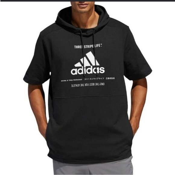 Adidas Size Medium Black Post Game Ribbed Short-Sleeve Hoodie Sweatshirt. - Picture 1 of 5